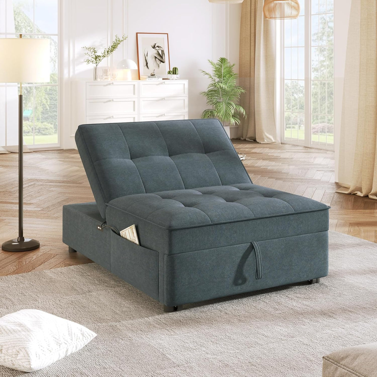 Convertible Sofa Bed with Storage Pocket, USB Ports, Foldable Ottoman Single Sleeper Sofa Chair, Deep Blue B7797