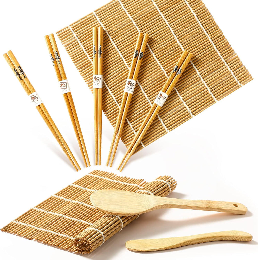 Bamboo Sushi Mat Sushi Making Kit with 2 Rolling Mats, 5 Pairs of Chopsticks, 1 Paddle, 1 Spreader O1738