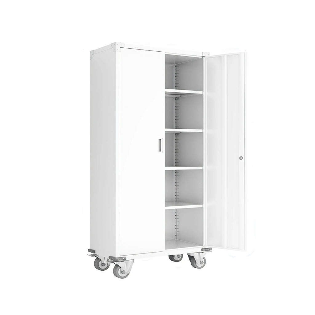 72” Locking Metal Garage Storage Cabinet with Wheels & Pegboards, White M566