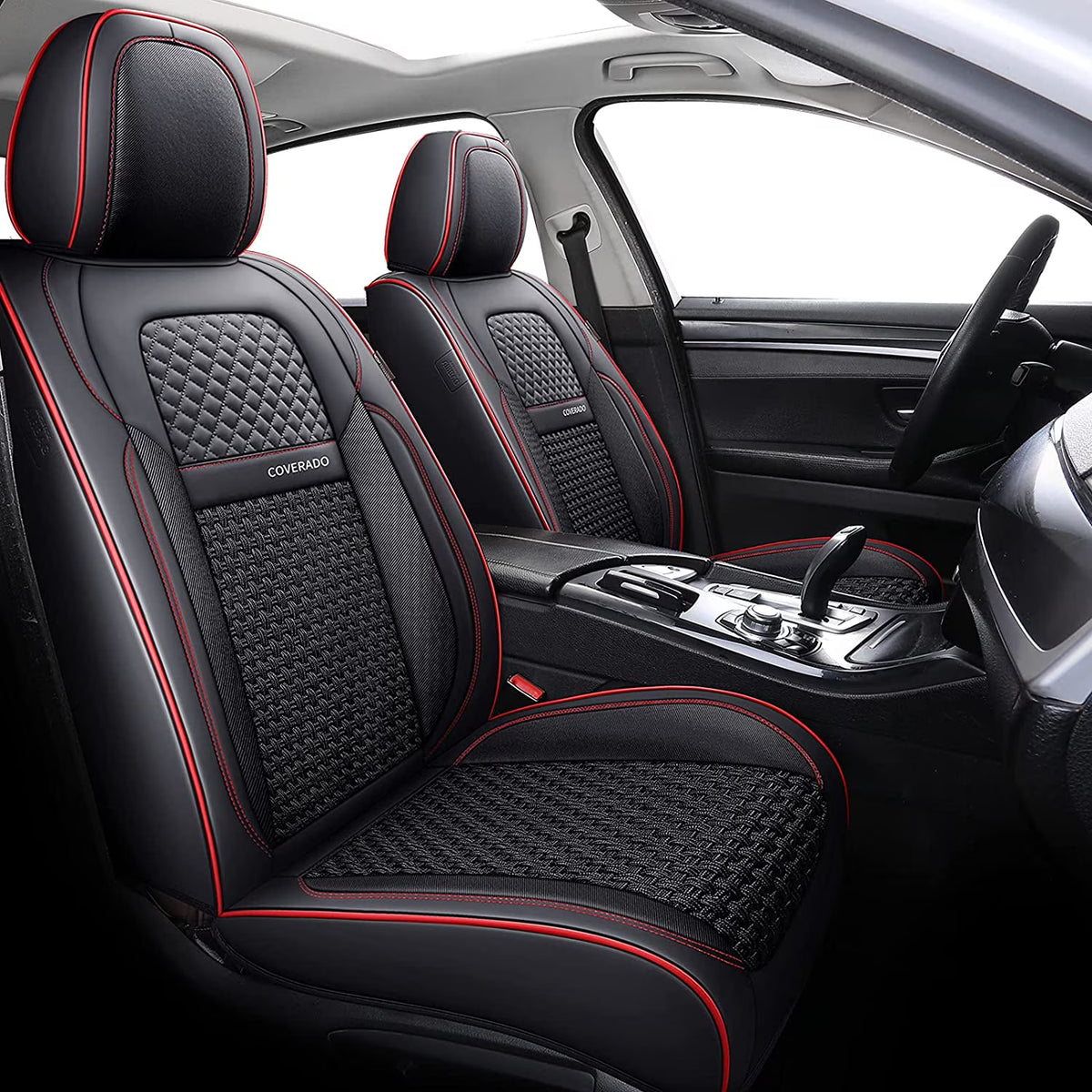 Black and Red Trim Faux Leather 5 Seats Car Seat Covers Full Set Z313572