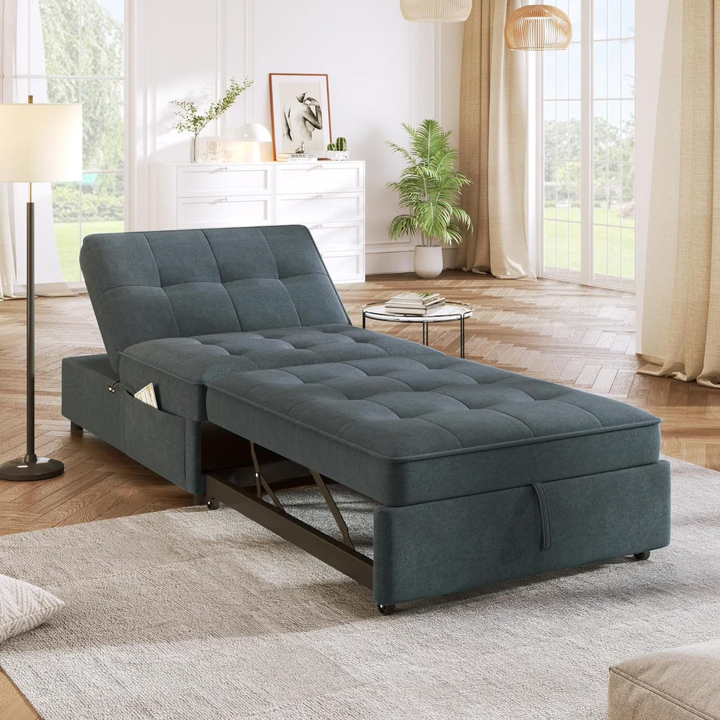 Convertible Sofa Bed with Storage Pocket, USB Ports, Foldable Ottoman Single Sleeper Sofa Chair, Deep Blue B7797