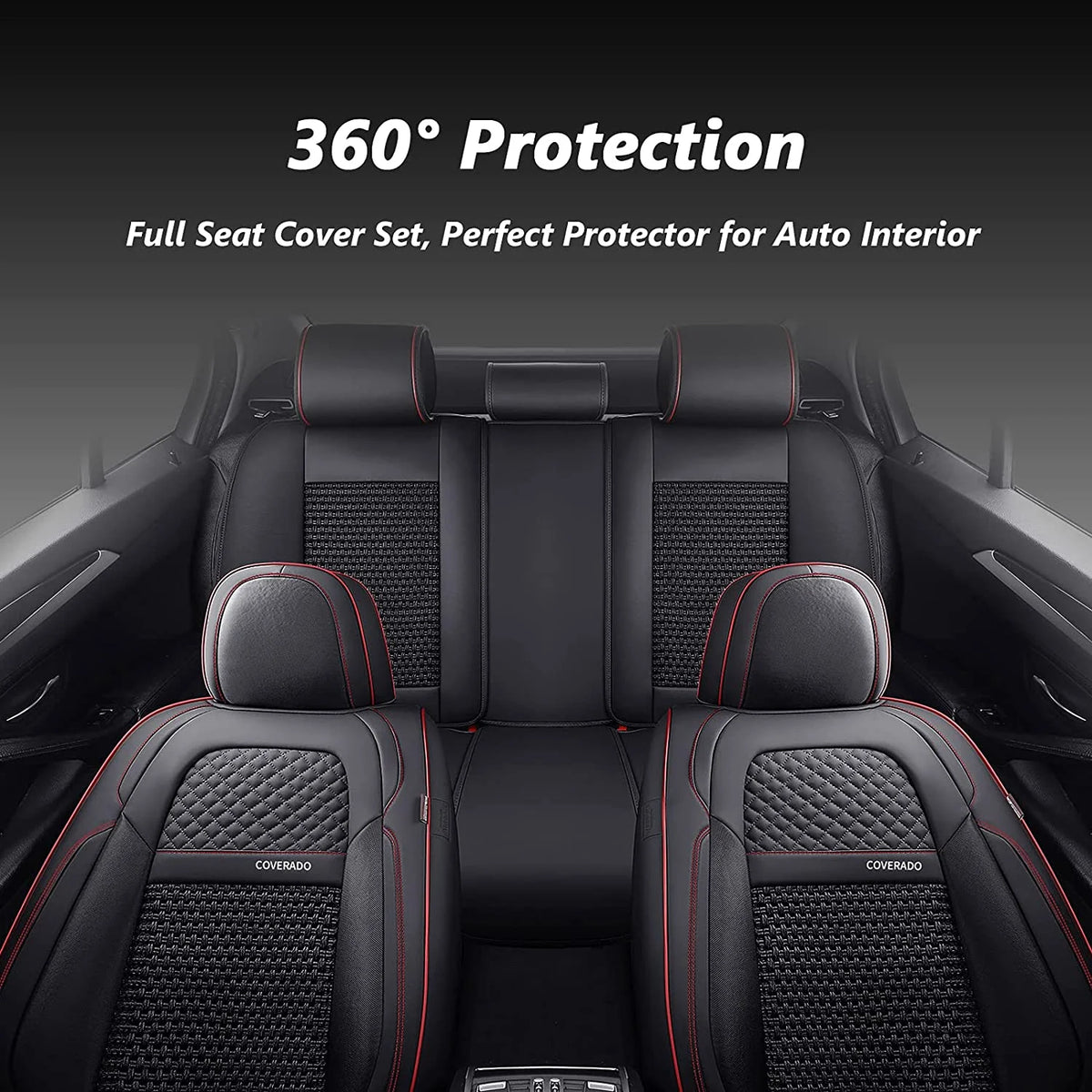 Black and Red Trim Faux Leather 5 Seats Car Seat Covers Full Set Z313572