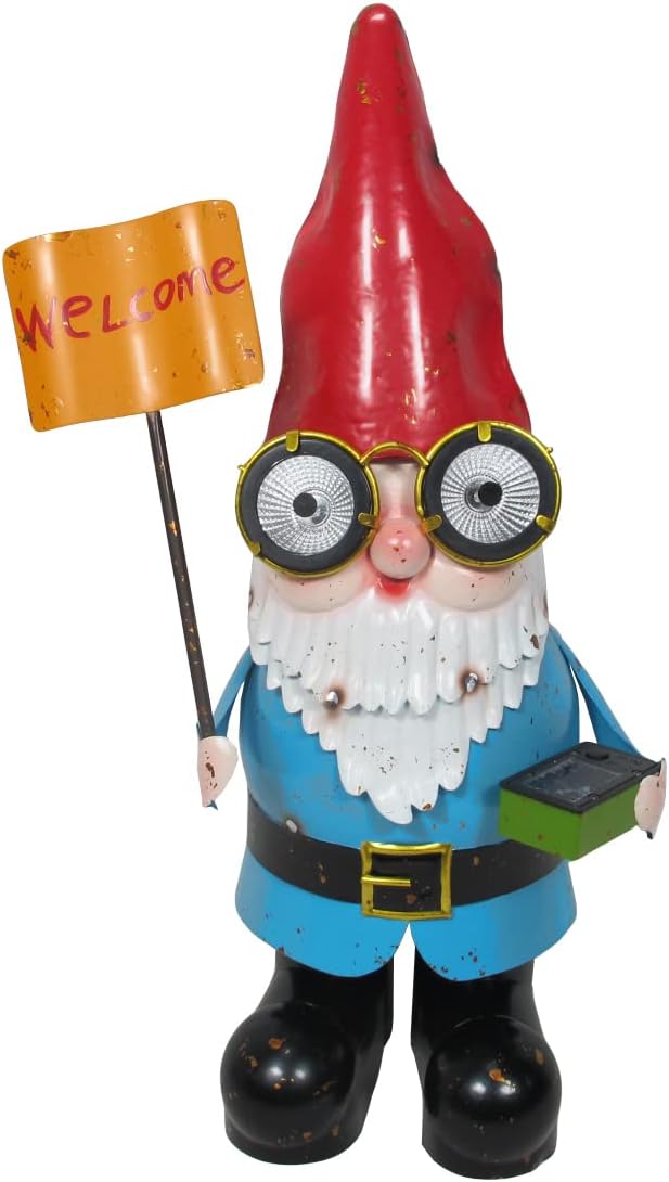 Metal Garden Gnome Statue with Solar Lighted Eyes N6223