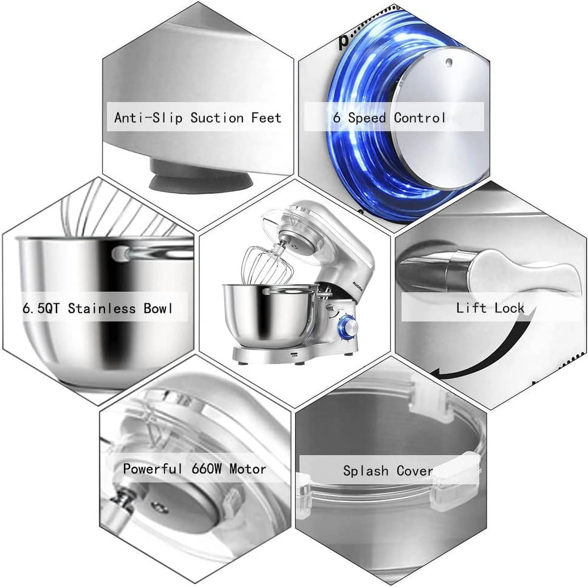 6.5-QT 660W 6-Speed Tilt-Head Stand Mixer with Dough Hook Wire Whip Beater Blue S807211