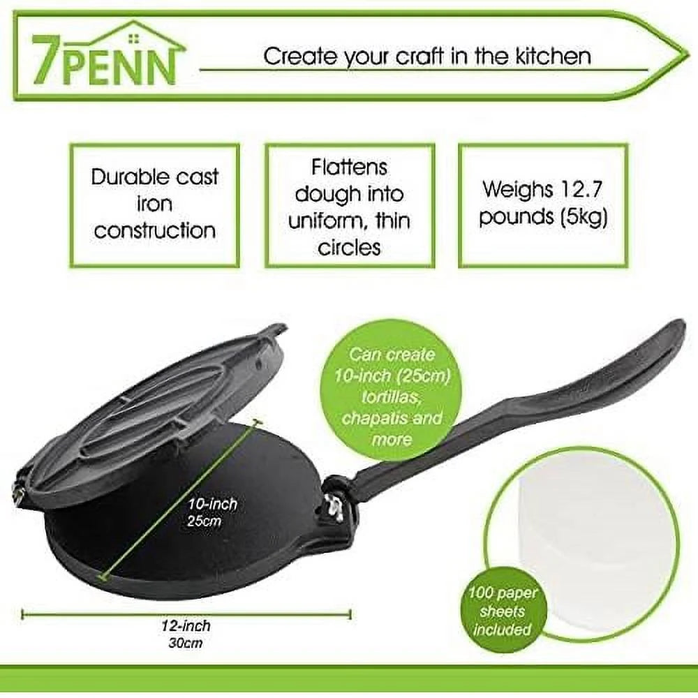 Cast Iron Tortilla Press 10In with 100 Cooking A4026