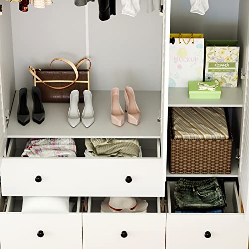 White 5 Drawer Wardrobe Armoire with Shelves and Hanging Rod Z509