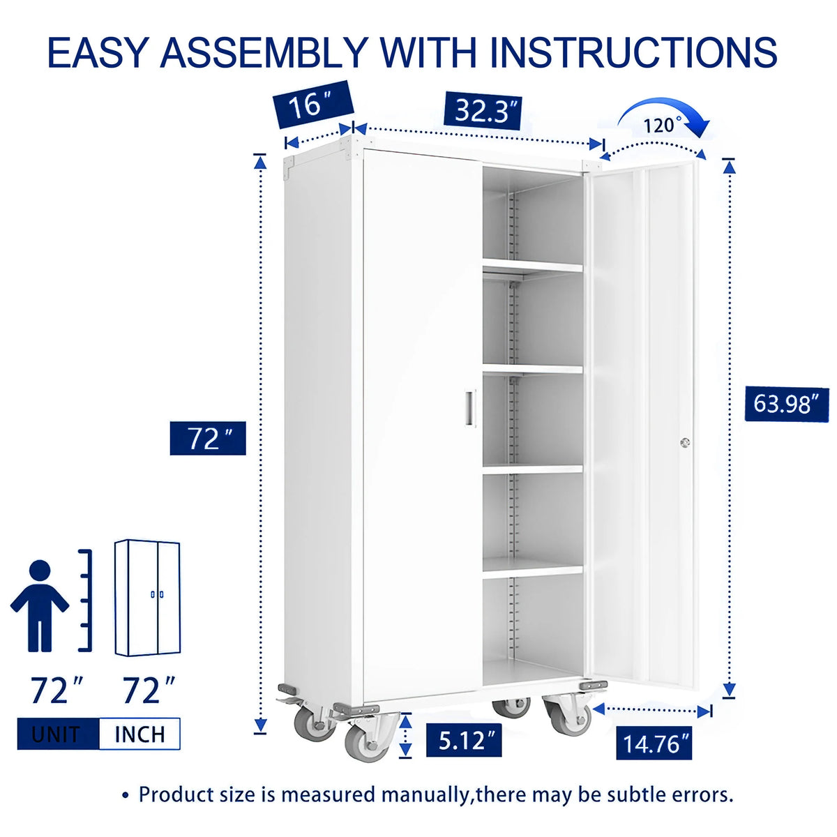 72” Locking Metal Garage Storage Cabinet with Wheels & Pegboards, White M566