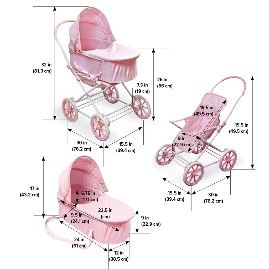 Pink Gingham Doll Pram Carrier Stroller O3535