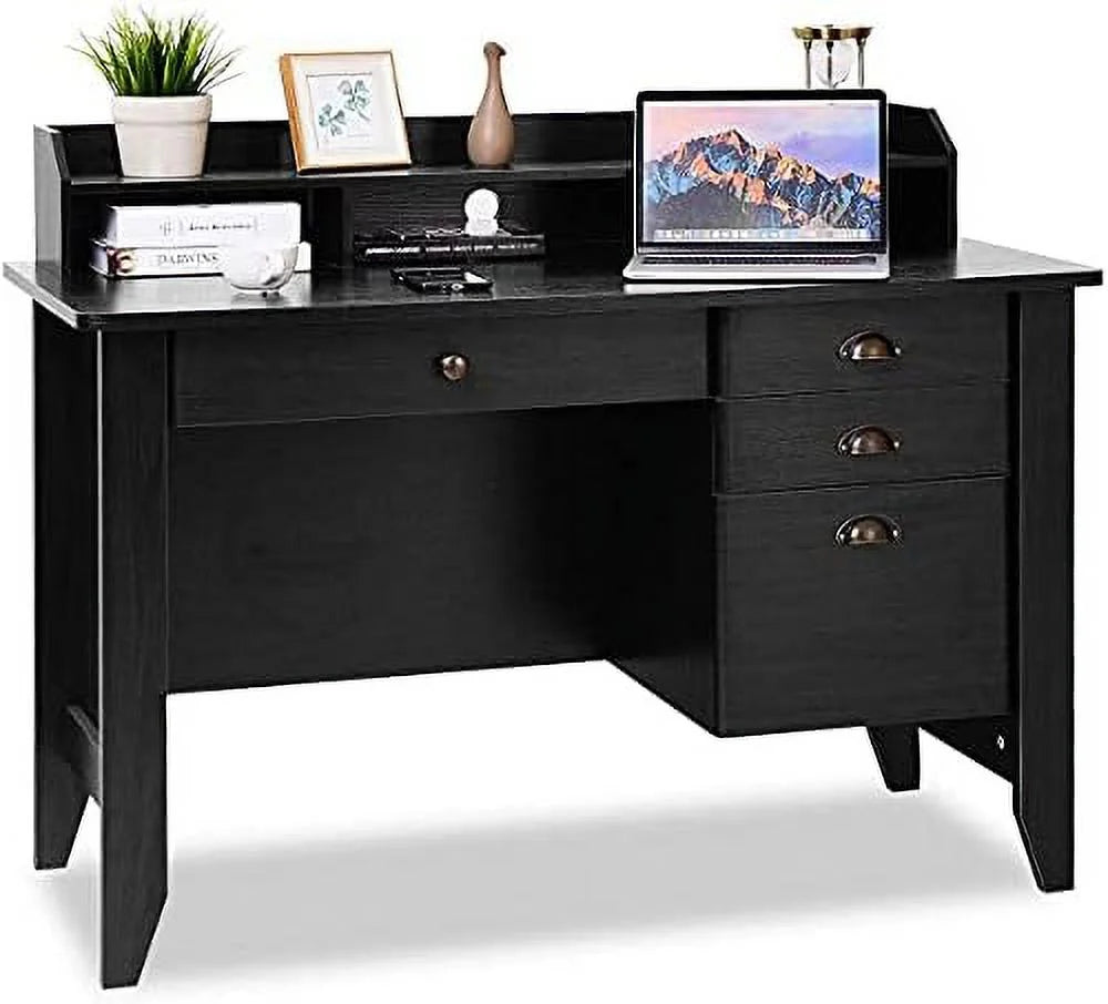 Brown Wooden Computer Desk with 4 Drawers and Bookshelf B260