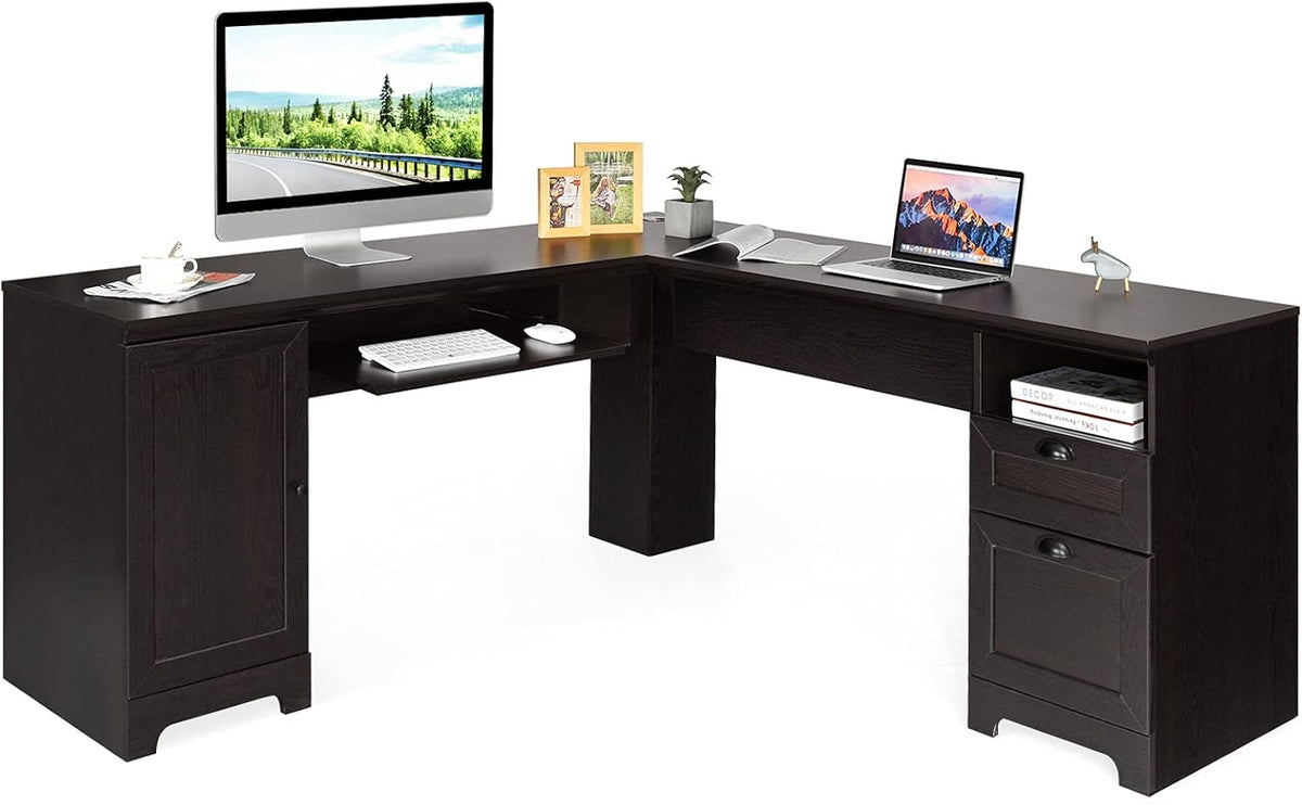 66 L-Shaped Desk with Drawers Keyboard Tray and Storage Cabinet I587686