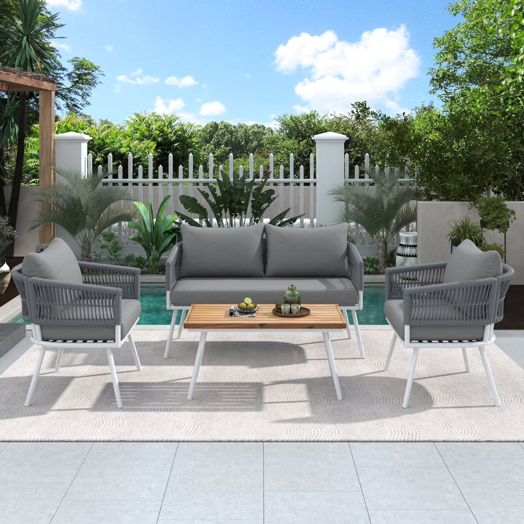 4-Piece Grey Outdoor Patio Furniture Set with Acacia Wood Coffee Table D474