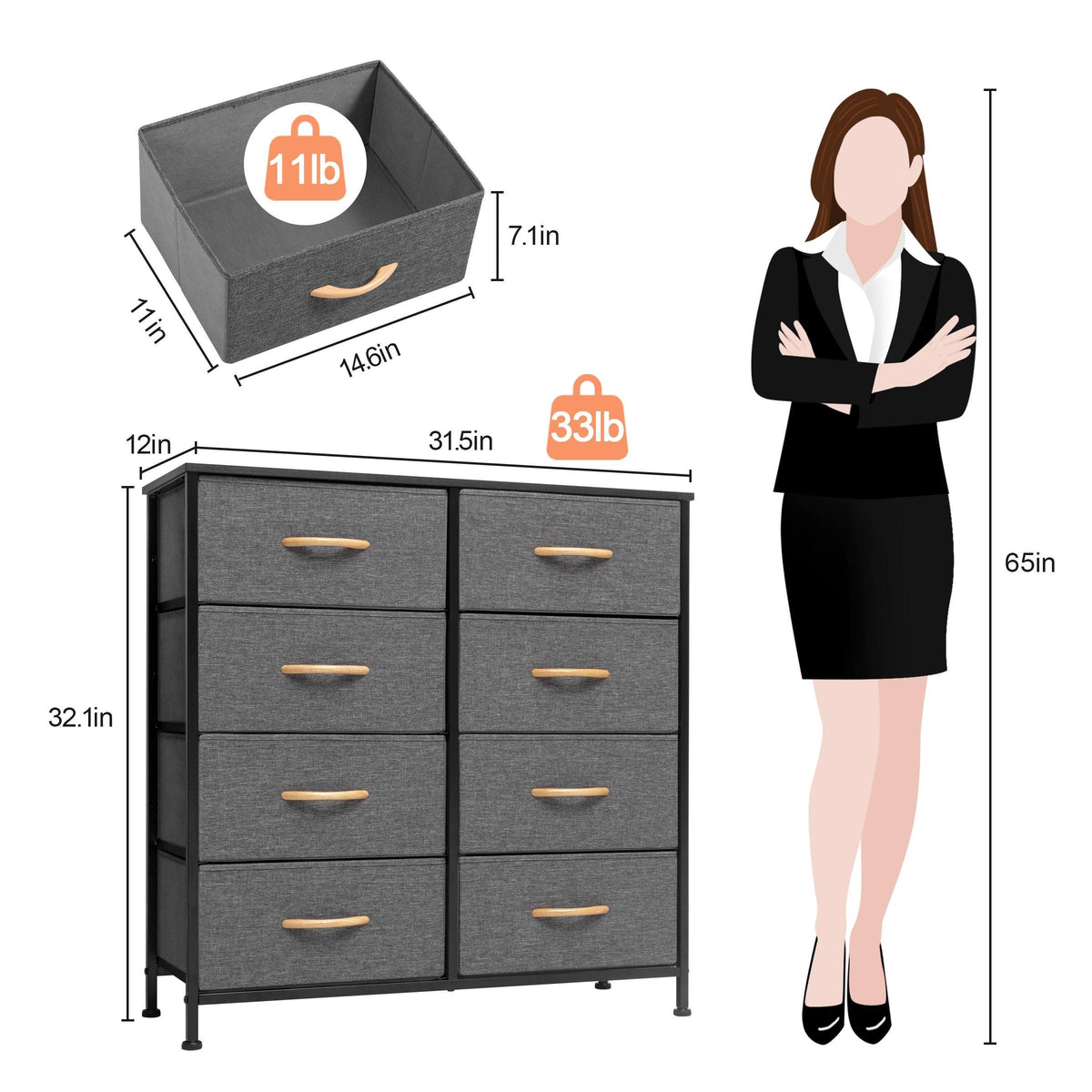 Grey 8 Drawer Vertical Dresser Storage Tower W130
