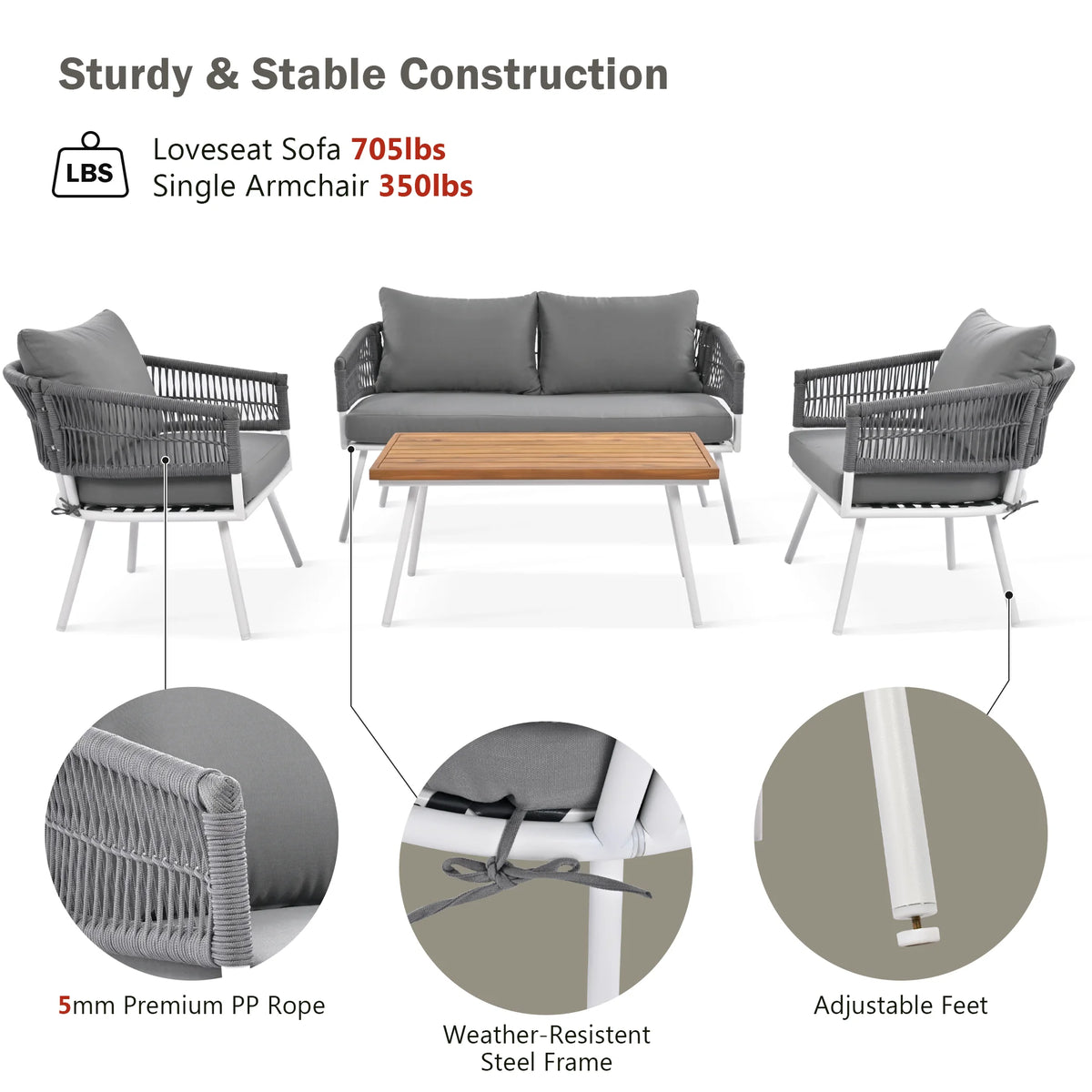 4-Piece Grey Outdoor Patio Furniture Set with Acacia Wood Coffee Table D474