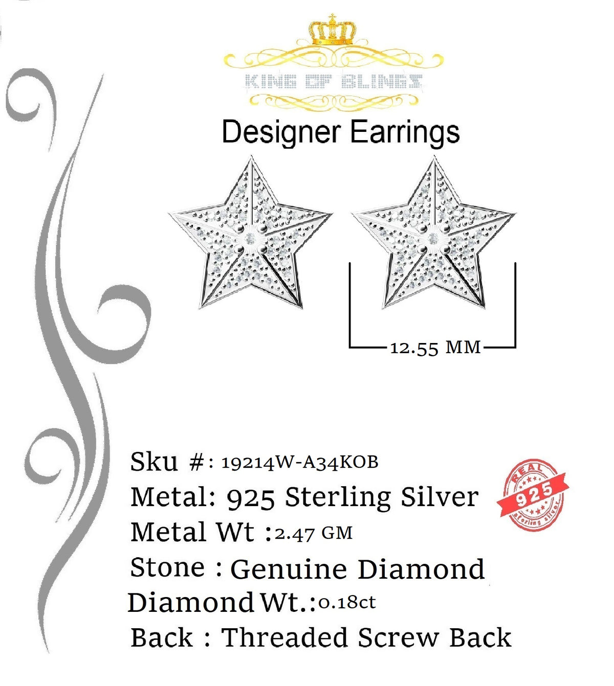 925 Sterling Silver Diamond Stud Star Earrings W829209