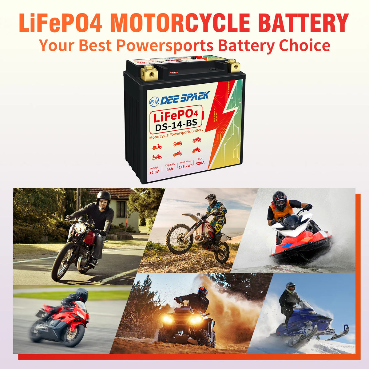 Lithium Motorcycle Battery, 12 Volt 9Ah 520CCA, LiFePO4 ATV Scooter Powersports Battery Replacement P36543
