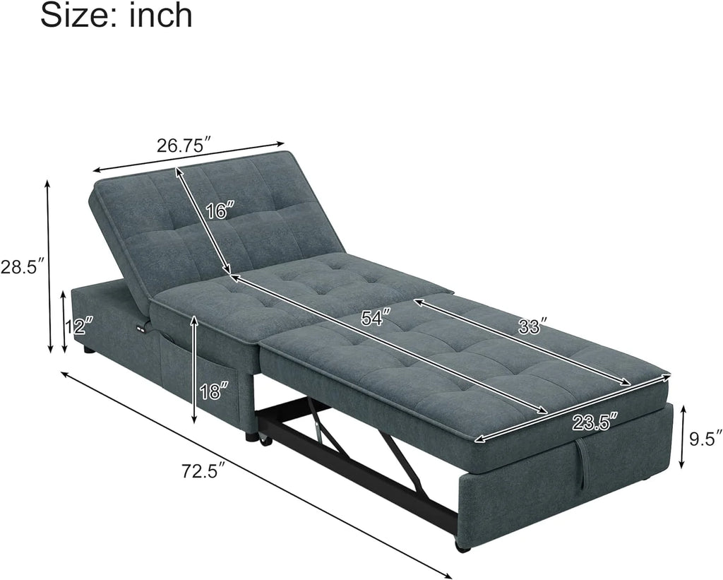 Convertible Sofa Bed with Storage Pocket, USB Ports, Foldable Ottoman Single Sleeper Sofa Chair, Deep Blue B7797