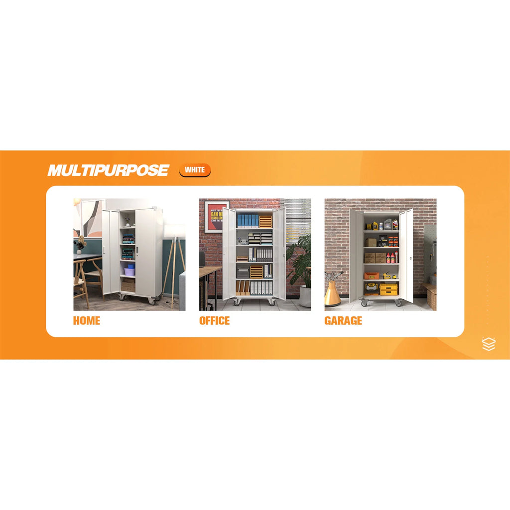 72” Locking Metal Garage Storage Cabinet with Wheels & Pegboards, White M566