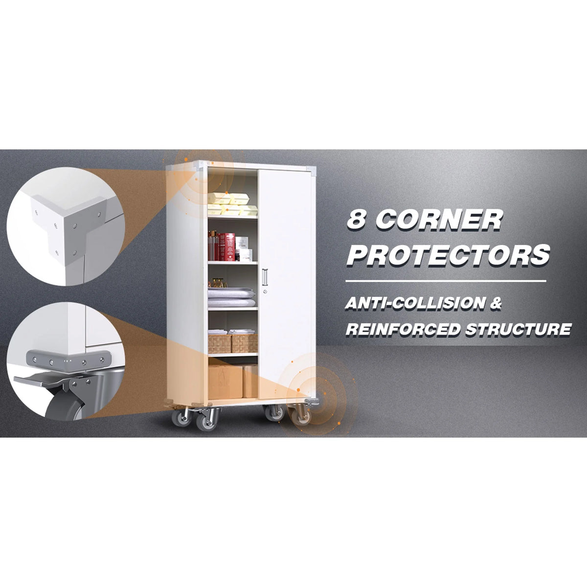 72” Locking Metal Garage Storage Cabinet with Wheels & Pegboards, White M566
