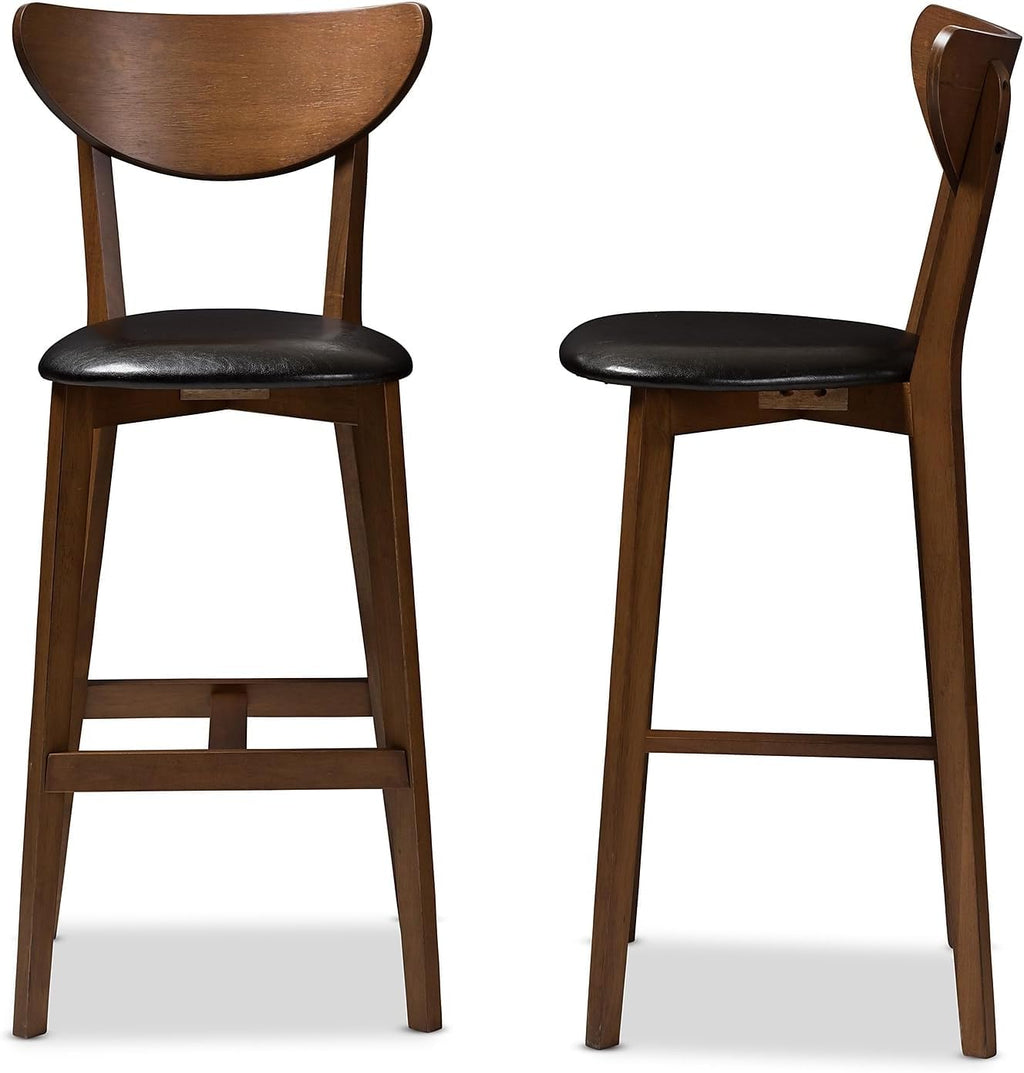 Faux Leather Stool with Back, Black and Walnut Brown, 2-Pieces/Set W538739