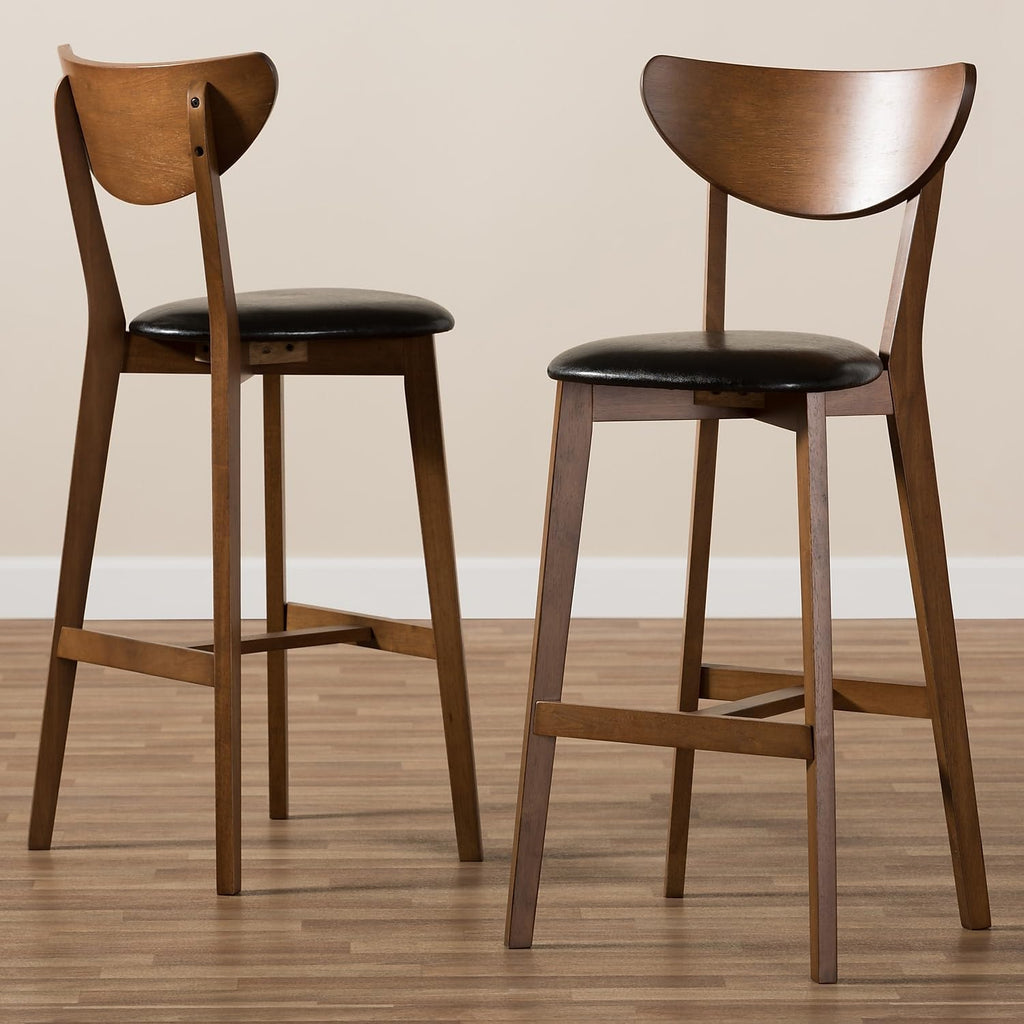Faux Leather Stool with Back, Black and Walnut Brown, 2-Pieces/Set W538739