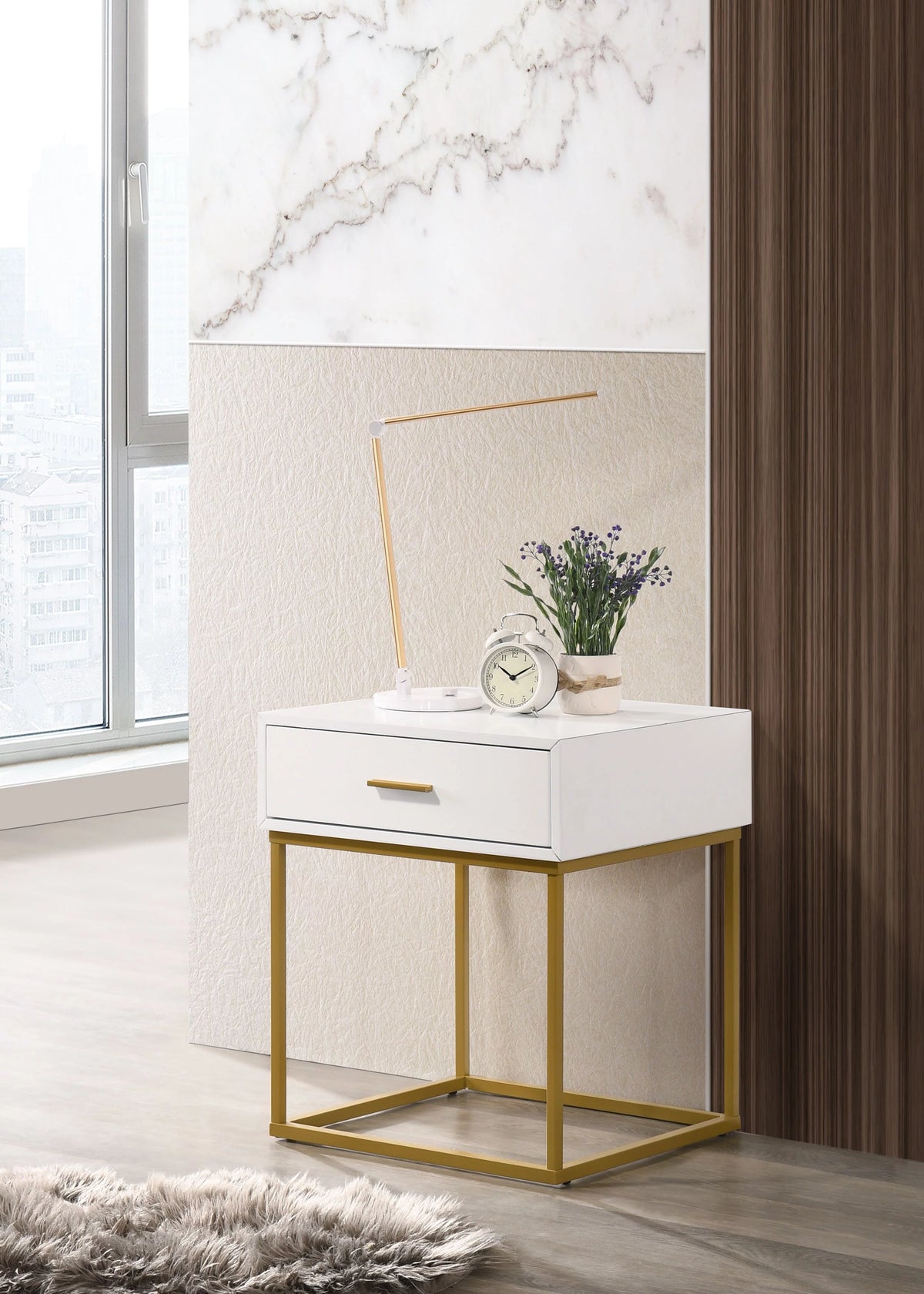 White 1-Drawer Nightstand with Gold Metal Legs Q68097