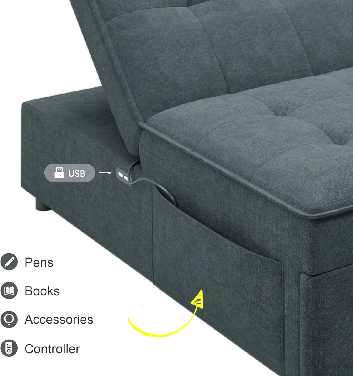 Convertible Sofa Bed with Storage Pocket, USB Ports, Foldable Ottoman Single Sleeper Sofa Chair, Deep Blue B7797