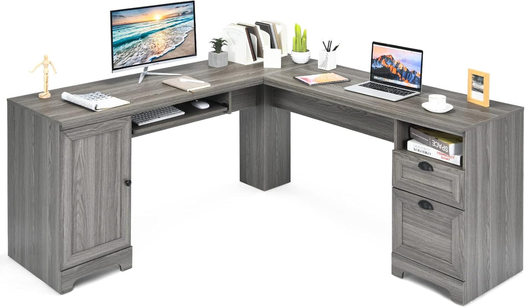 66 L-Shaped Desk with Drawers Keyboard Tray and Storage Cabinet I587686