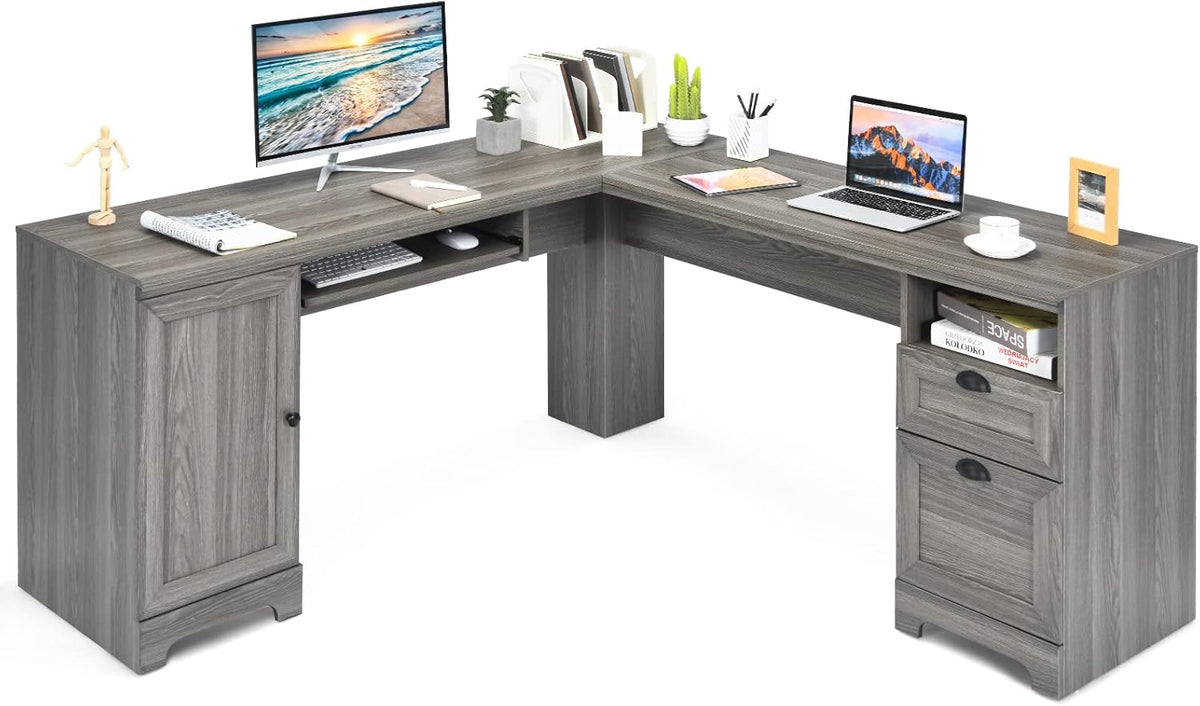 66 L-Shaped Desk with Drawers Keyboard Tray and Storage Cabinet I587686