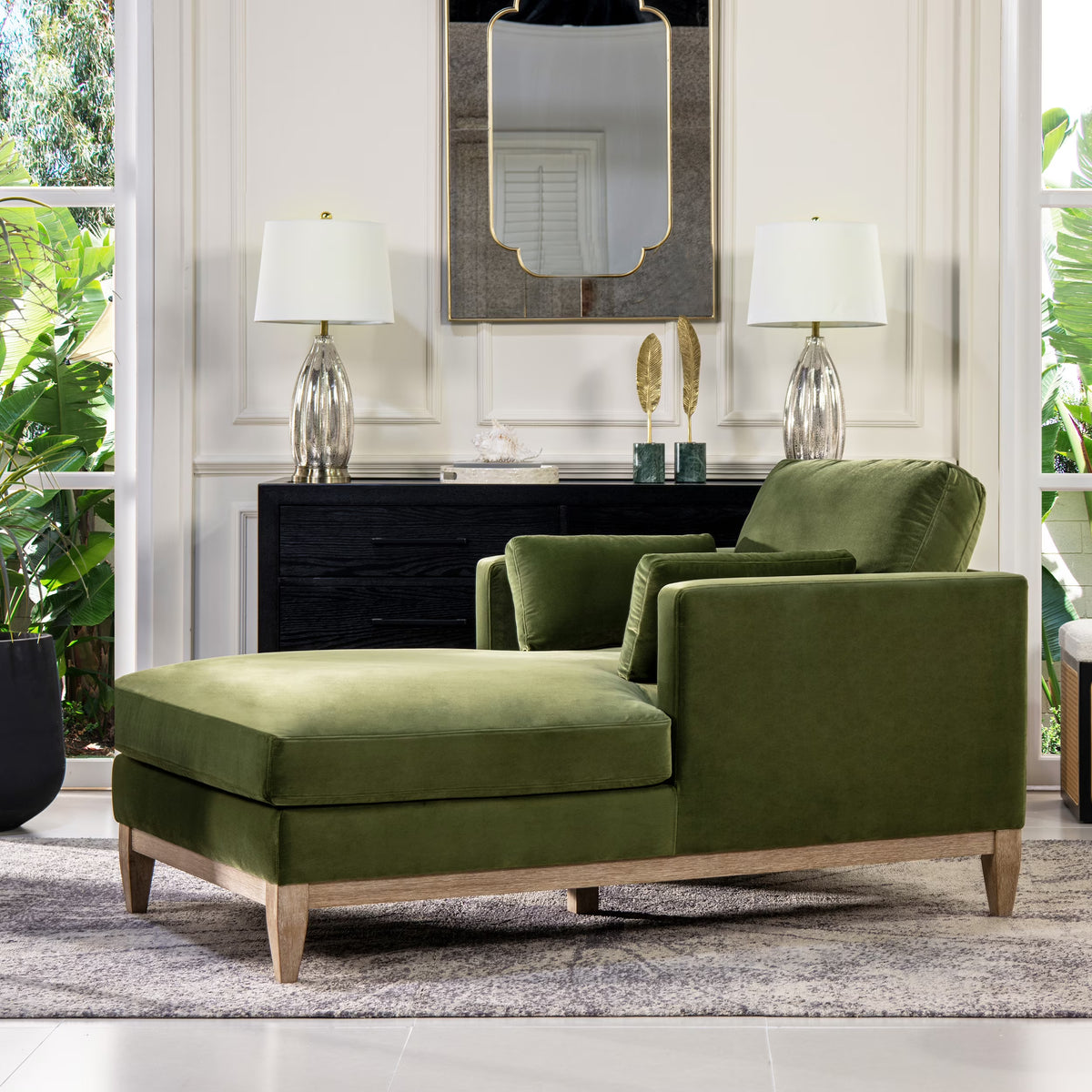 Olive Green Performance Velvet Chaise Lounge Chair I421
