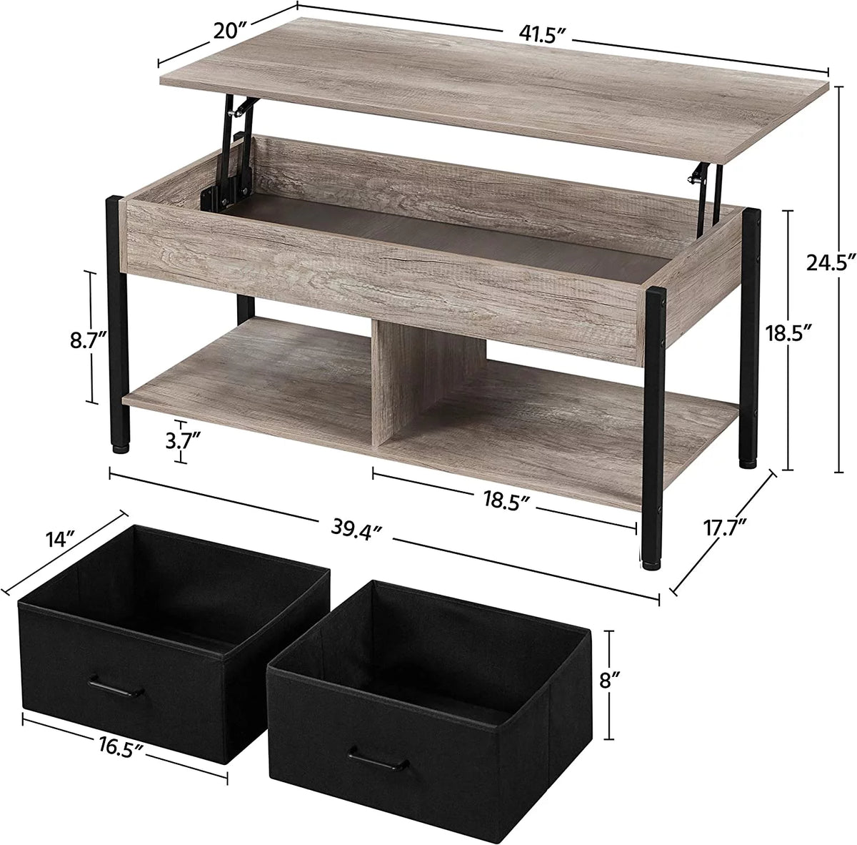 41 Inch Lift-top Coffee Table with Hidden Storage and 2 Fabric Baskets X876828