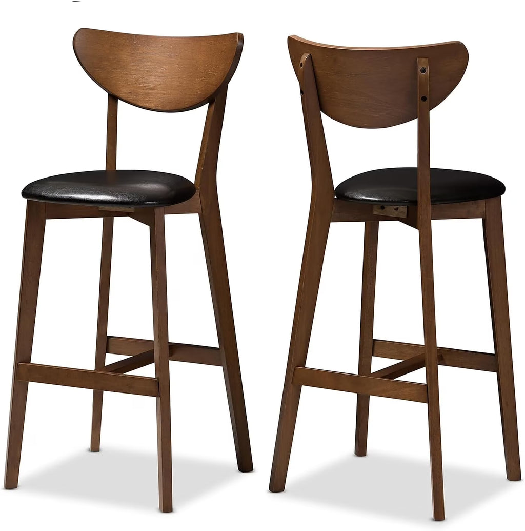 Faux Leather Stool with Back, Black and Walnut Brown, 2-Pieces/Set W538739