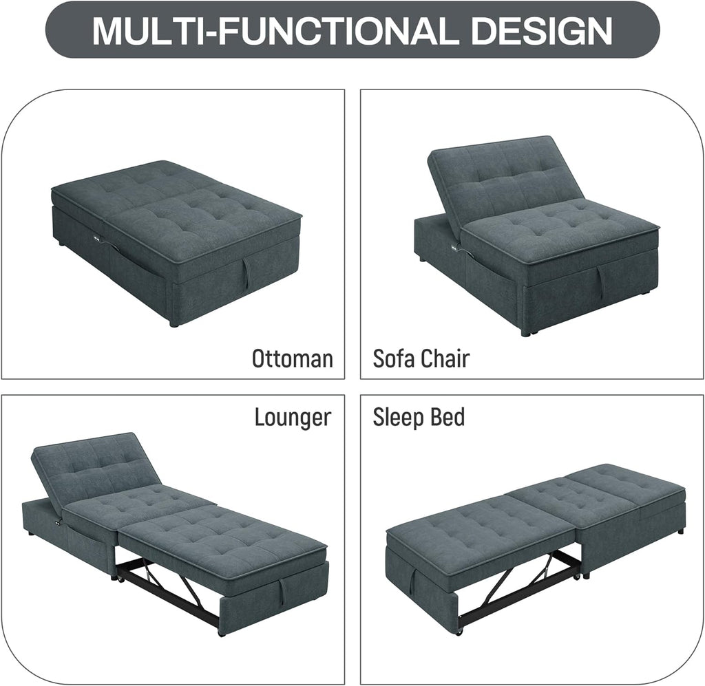 Convertible Sofa Bed with Storage Pocket, USB Ports, Foldable Ottoman Single Sleeper Sofa Chair, Deep Blue B7797