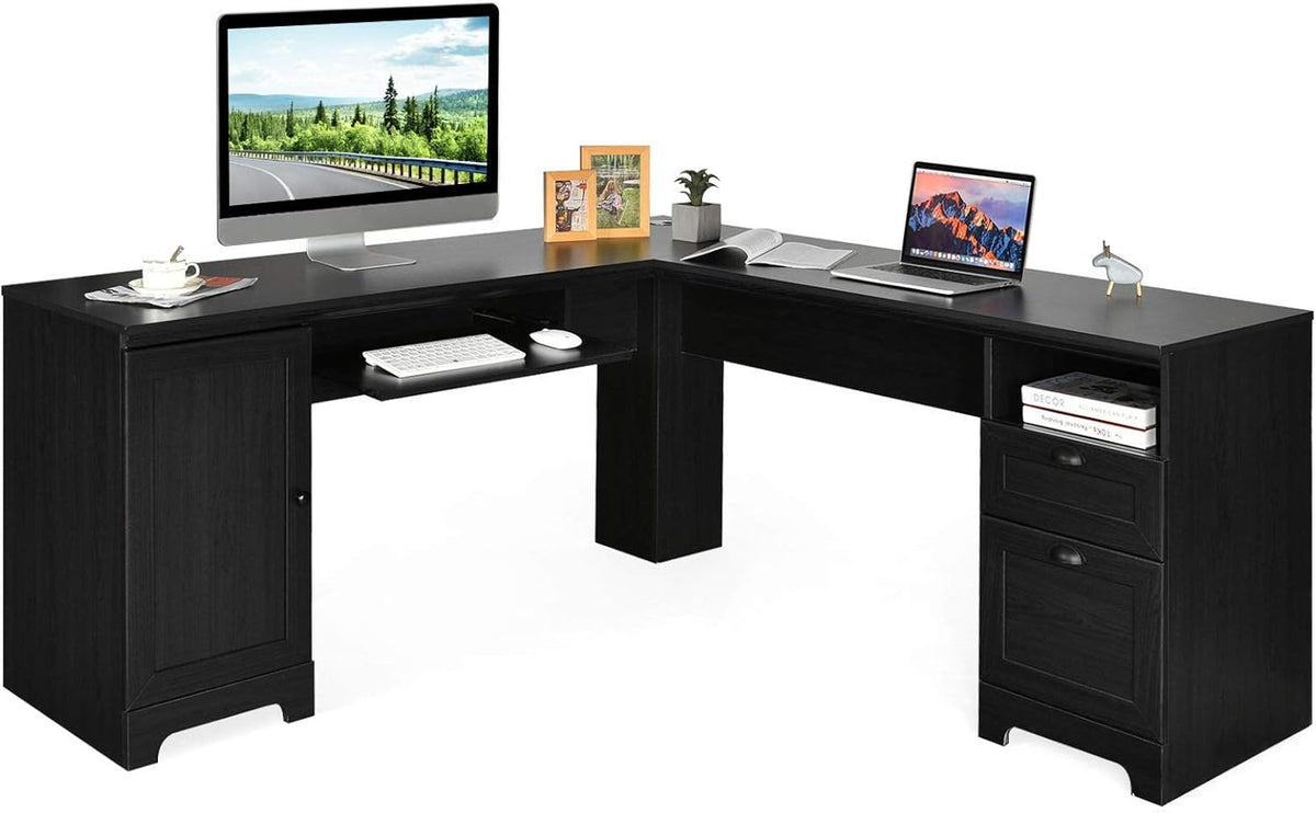 66 L-Shaped Desk with Drawers Keyboard Tray and Storage Cabinet I587686