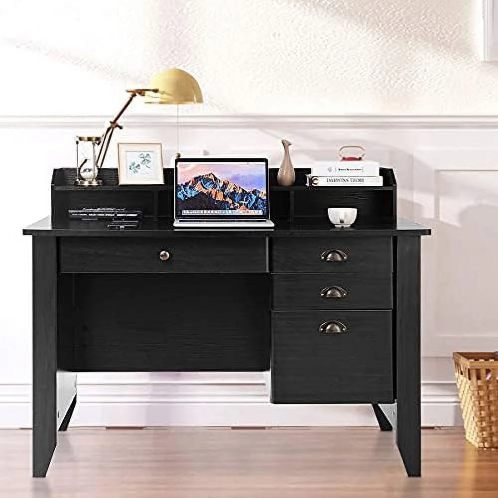 Brown Wooden Computer Desk with 4 Drawers and Bookshelf B260