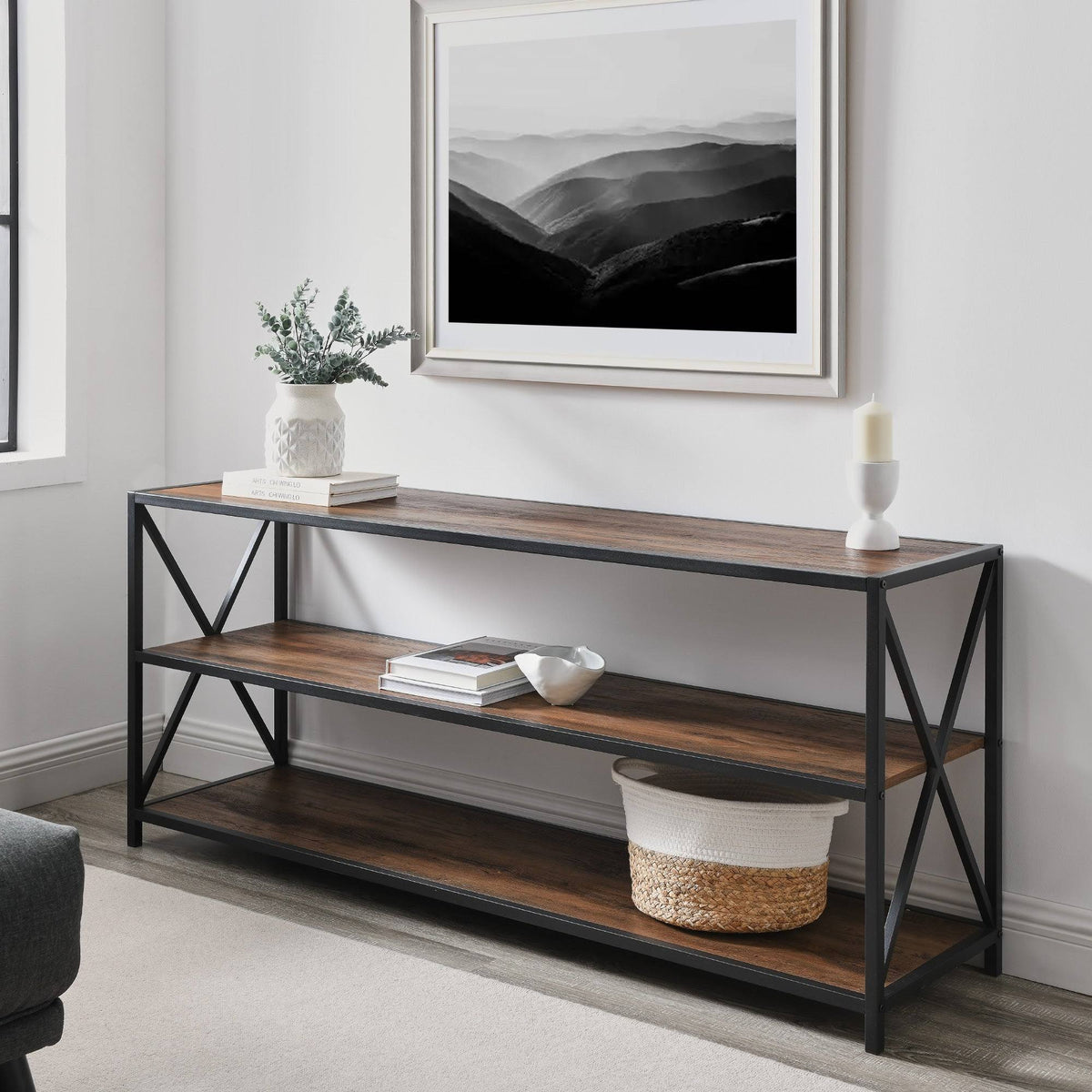 Dark Walnut / Black Metal X-Frame Bookshelf H810
