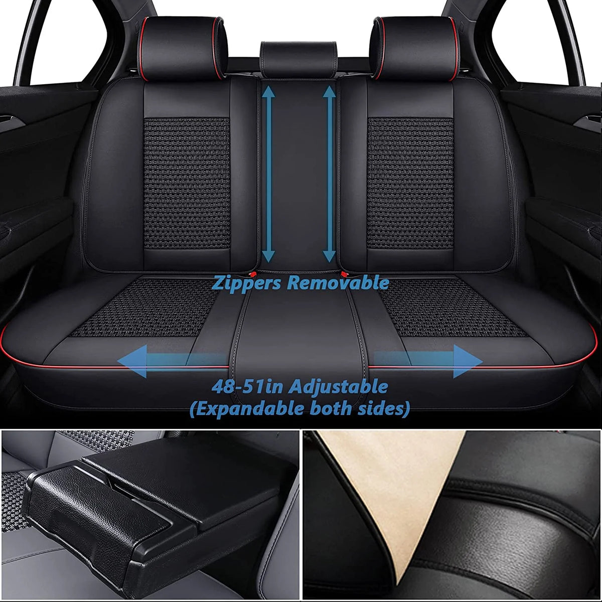 Black and Red Trim Faux Leather 5 Seats Car Seat Covers Full Set Z313572